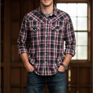 Christian Audigier Double Pocket Flannel Plaid Button Up Shirt Black Pink L